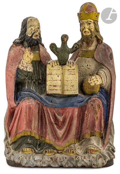  Trinité en chêne sculpté et polychromé, dos creusé. Nord de la France, fin du XVIe...