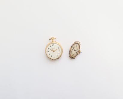 null Lot consisting of a 18K (750) gold collar watch with white enamel dial, and...