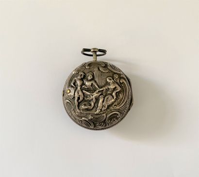 null Pocket watch, and its double silver case, decorated in repoussé with characters...