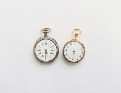 null Lot consisting of two neck watches, one in 18K (750) gold, white enamel dial,...