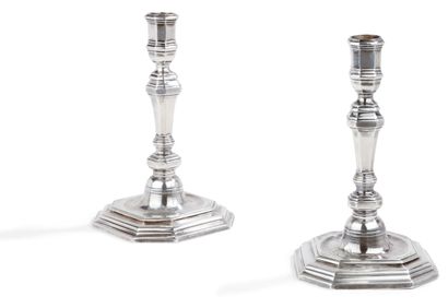 null 
MARSEILLE 1719 Pair of torches with square base and cut sides , engraved with...