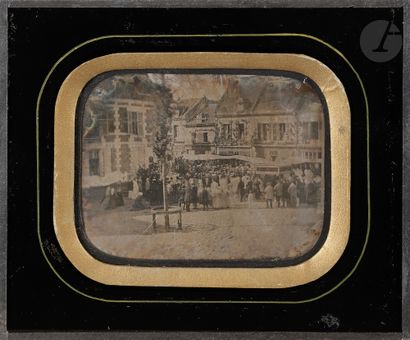 null Unidentified 
DaguerreotypistGathering in a village square, c. 1850. 
Daguerreotype,...