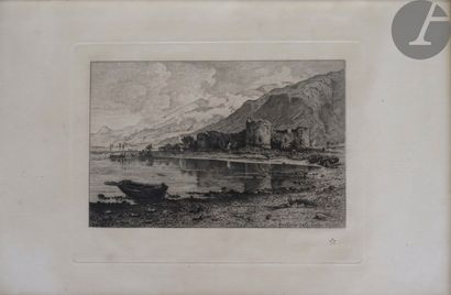 null Pierre Teyssonnières (1834-1912)
Château en ruine au bord d'un lac, au pied...