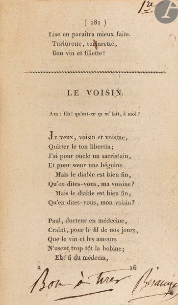 null BÉRANGER (Pierre-Jean de).
Chansons.
Paris : Les Marchands de nouveautés, 1821....