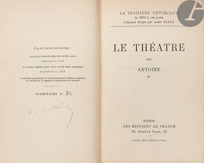null ANTOINE (André).
"Mes souvenirs" on the Théâtre-libre.
Paris : Arthème Fayard...