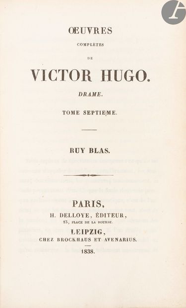 null HUGO (Victor).
Ruy Blas.
Paris : H. Delloye ; Leipzig : Brockhaus et Avenarius,...
