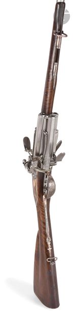null Rare and interesting flintlock revolver rifle, four shots, with barrel turning...