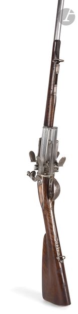 null Rare and interesting flintlock revolver rifle, four shots, with barrel turning...