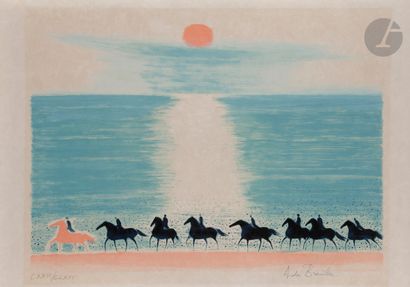 null André Brasilier (né en 1929)
Les Chevaux du soleil. 1981. 
Lithographie en couleurs....