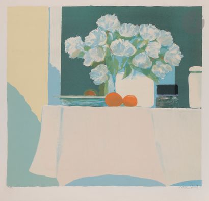  Roger Mühl (1929-2008) Bouquet sur une table. Vers 1980. Lithographie en couleurs....