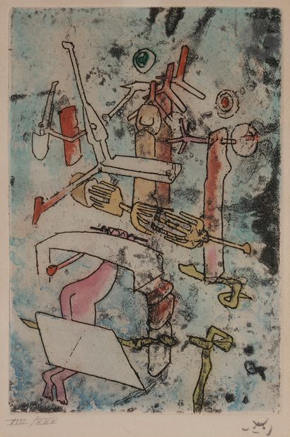 null Roberto Matta (1911-2002
)Songes, songés.
Etching and aquatint in colours.
Nice...