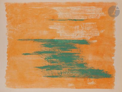 null René Laubiès (1924-2006)
Composition en orange et vert.
Lithographie en couleurs....