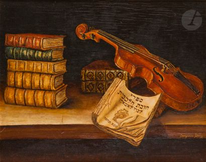 null Benjamin DERRY (né en 1943) 
Nature morte au violon 
Huile sur panneau. 
Signée...