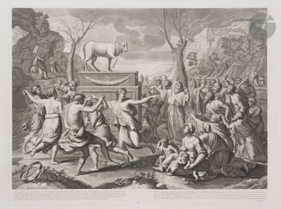 null Nicolas POUSSIN (1594-1665) (d’après)
L’adoration du veau d’or
Burin.
Déchirures...