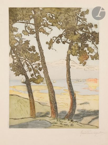null Marie-Paule Carpentier (1876-1915) 
Paysage aux grands pins et voiliers. Vers...