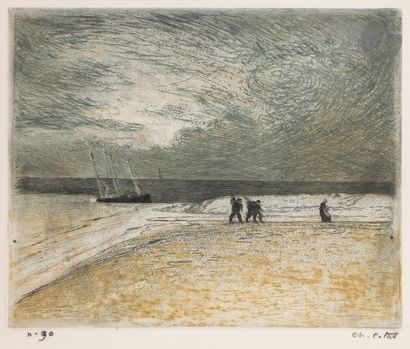 null Charles Cottet (1863-1925) 
Pêcheurs fuyant l’orage. 1905. Eau-forte et aquatinte....