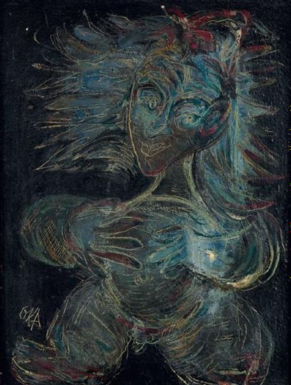 Olga KLEIN-ASTRACHAN (1907-1999) Feu follet bleu Huile sur panneau. Monogrammée en...