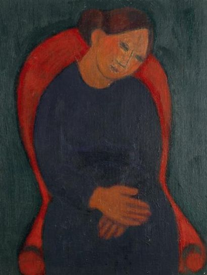 Arthur KOLNIK (1890-1972) Femme au fauteuil rouge Huile sur carton, trace de signature...