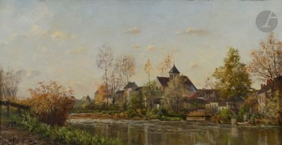  École FRANÇAISE de la fin du XIXe siècle Village au bord d’une rivière Panneau Porte...