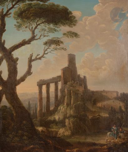  École Romaine vers 1800 Couple de bergers dans un paysage de ruines Toile 66 x 54 cm...