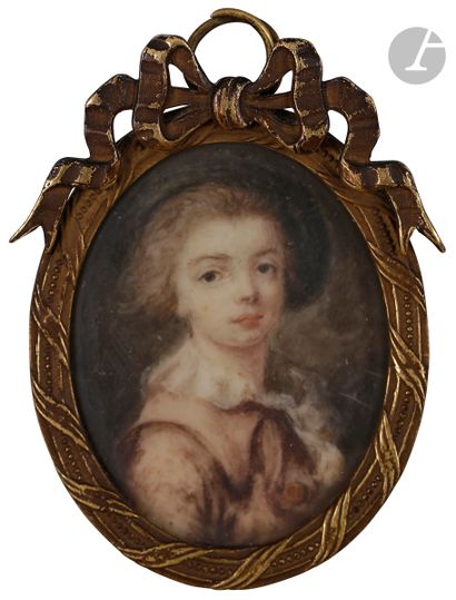 null École FRANÇAISE du XIXe siècle 
Portrait de jeune garçon au veston rose, col...