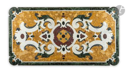null Marquetry top in Sienna yellow, Turquin, sea green and cherry red marble, decorated...