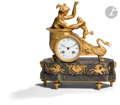 null A gilt bronze and sea-green marble Venus chariot clock, symbolizing faithful...