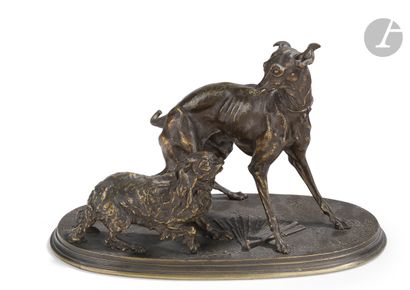  Pierre-Jules Mêne (1810-1879) Groupe lévrier et king charles Bronze à patine brun...