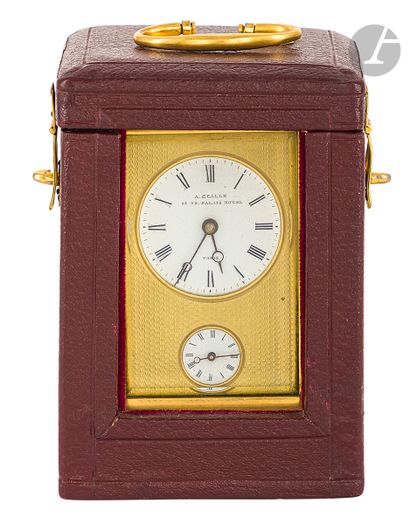 null Gilt brass alarm clock with guilloche dial signed A. Ecalle, 93-94 Palais Royal;...
