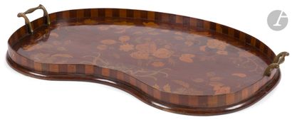 null Flower marquetry tray on a mahogany background, with bronze handles.
Late 19th...