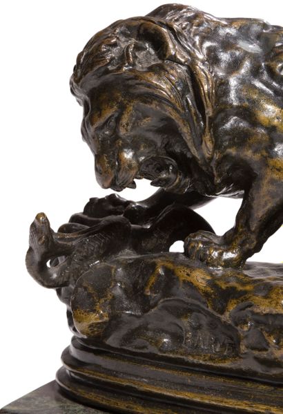 null After Antoine Louis Barye (1796-1875)
Lion with a snake
Bronze
Dim.: 17 x 18...