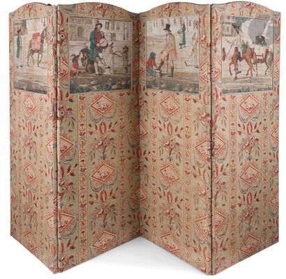 null A four-leaf printed cloth screen incorporating late 18th century wallpaper panels...