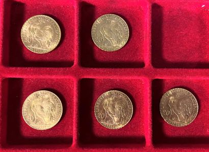 5 pièces de 20 Francs en or. Type Coq. 1911...