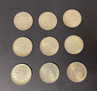 null 9 pièces de 50 centimes en argent. Type Semeuse 1900 - 1913 - 1914 - 1915 -...