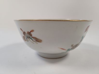  Bol en porcelaine, Chine, XIXe siècle A décor polychrome de papillons dans les fleurs,...