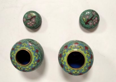 null Pair of small covered vases in cloisonné enamel, China, 20th century
. Wooden...
