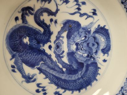 null Blue and white porcelain plate, China, 18th
centuryCentral decoration of a dragon...
