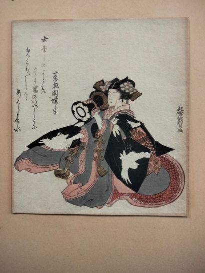 null Surimono shikishiban print, Japan, 19th centuryRepresenting
a seated courtesan...