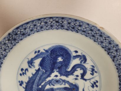 null Blue and white porcelain plate, China, 18th
centuryCentral decoration of a dragon...