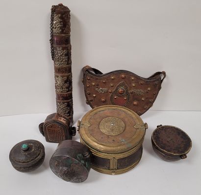 null Miscellaneous set, TibetConsisting of
a leather pouch with decorative metal...