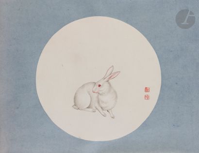 null Deux peintures circulaires représentant un lapin blanc et un cochon noir, Zhan...