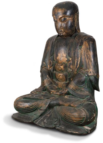 null Grande sculpture de Lohan (luohan) en bois laqué noir et or et traces de polychromie,...