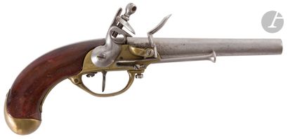 null Pistolet d’arçon à silex modèle 1777 1er type.
Canon rond poinçonné au tonnerre.
Carcasse...