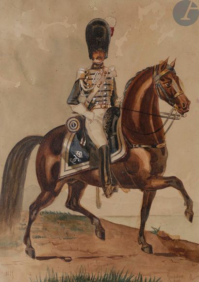  Maison du Roi 1825. Grenadiers à cheval, 2e régiment Aquarelle signée en bas à droite...