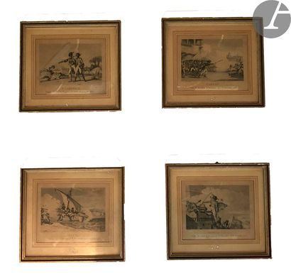Suite of four black and white engravings...