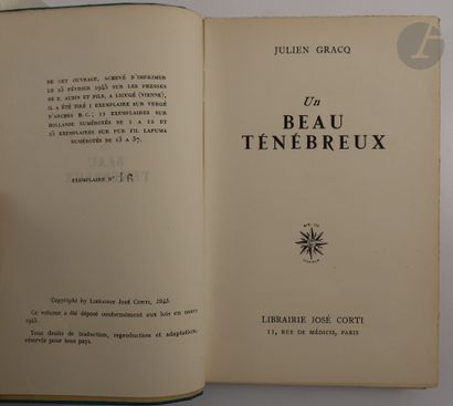 null GRACQ (Julien).
Un beau ténébreux.
Paris : Librairie José Corti, [1945]. — In-8,...