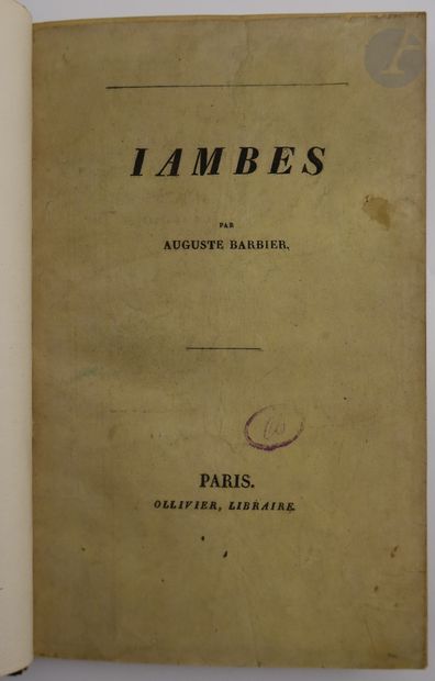 null BARBIER (Auguste).
Iambes.
Paris : Urbain Canel, Ad. Guyot, 1832. — In-8, demi-maroquin...
