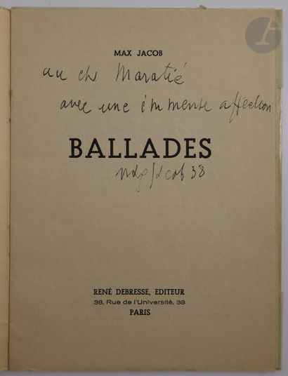 null JACOB (Max).
Ballades.
Paris : René Debresse, [1938]. — Plaquette in-12, agrafée.
Édition...