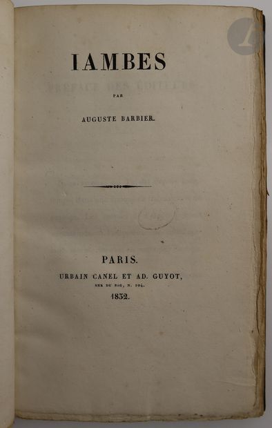 null BARBIER (Auguste).
Iambes.
Paris : Urbain Canel, Ad. Guyot, 1832. — In-8, demi-maroquin...