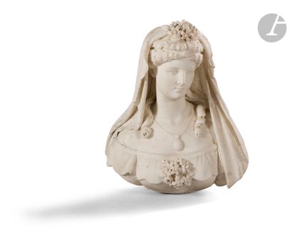 null Bust of a young woman in white marble, wearing a veil decorated with flowers;...